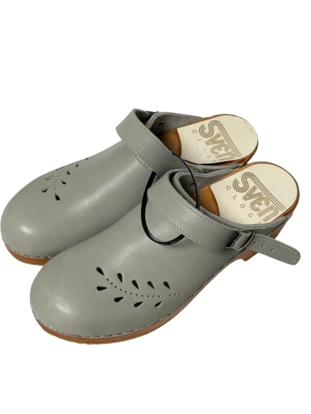 Sven Clogs Grey Leather Floral Cutout Ankle Strap Wood Base EU 42/43 US 11-12